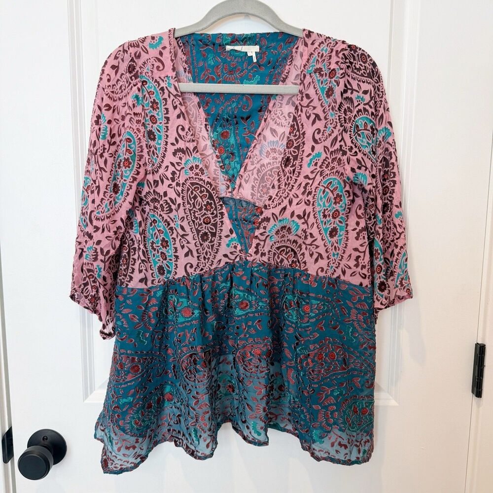 Anthropologie Womens Velvet Burnout Boho Paisly Top Size Small Indie Silk Blend